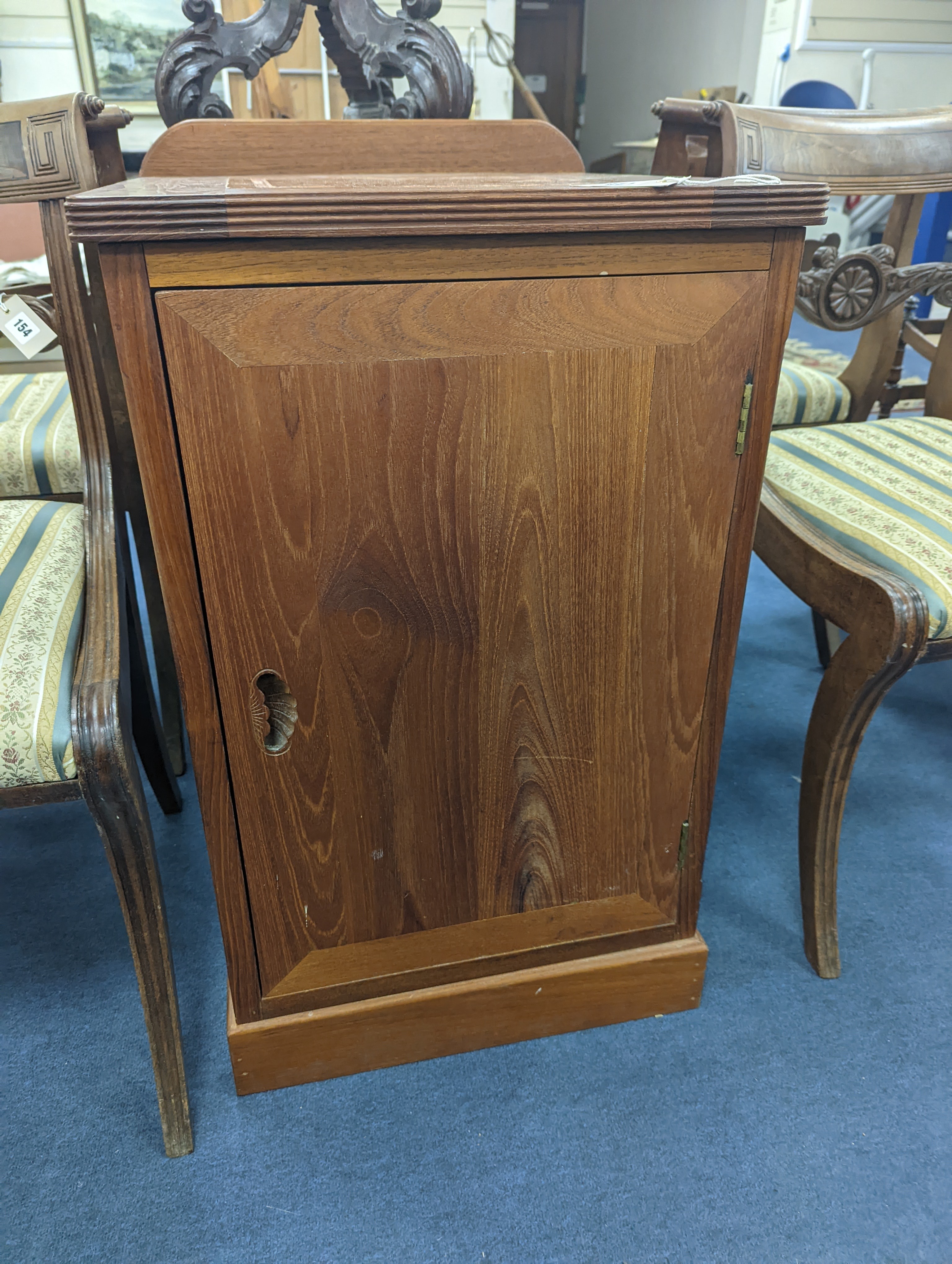 A pair of Chinese solid teak marble topped single door cupboards, width 48cm, depth 51cm, height 83cm